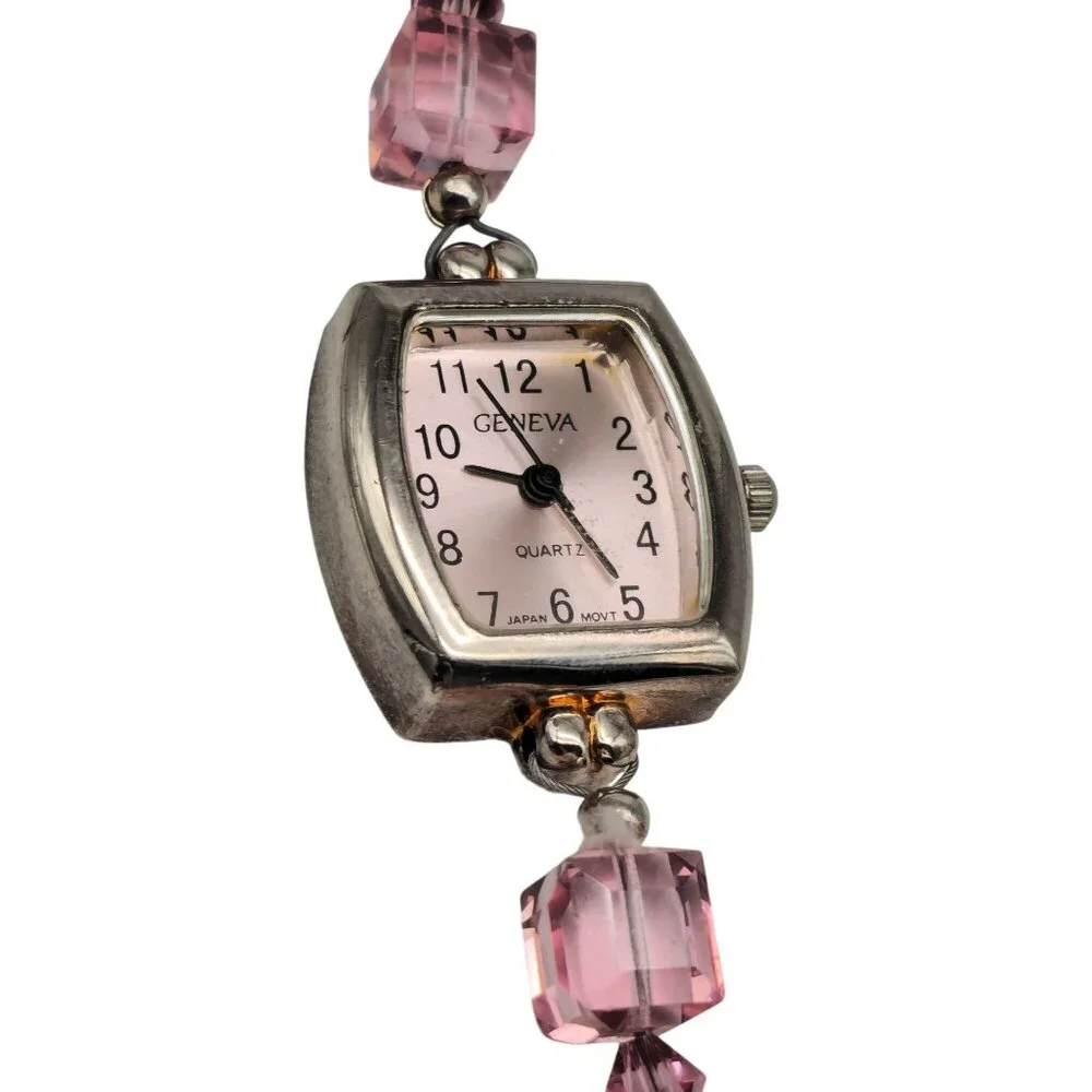 Geneva 925 Sterling Silver Quartz Watch Pink Beaded Bracelet Butterfly Charm